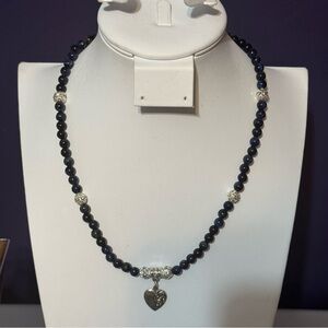 Artisan Blue Tiger’s Eye Gemstone and Silver Tone Beaded Necklace